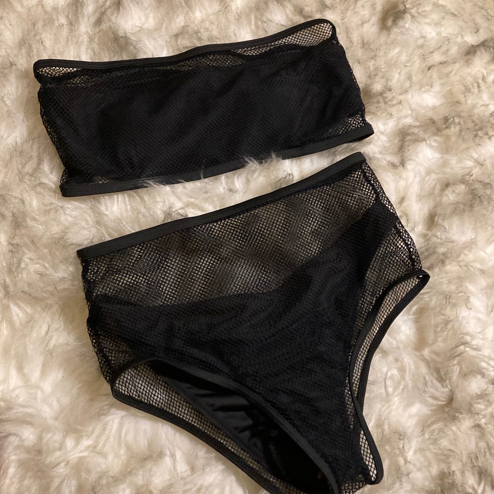 Two piece strapless bikini with black mesh overlay